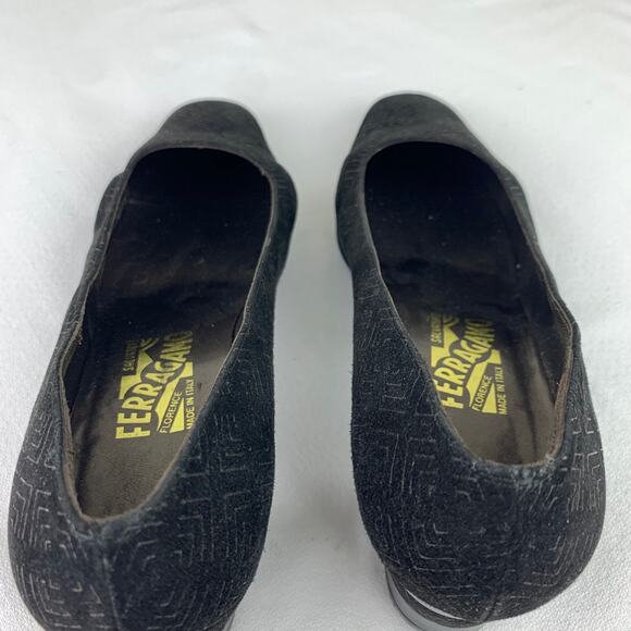 Salvatore Ferragamo vintage black suede fabric leather block heels size 9 9B - Picture 10 of 10
